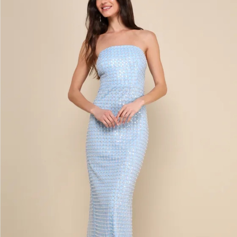Lulus Perfectly Luxurious Light Blue Pearl Strapless Maxi Dress size small